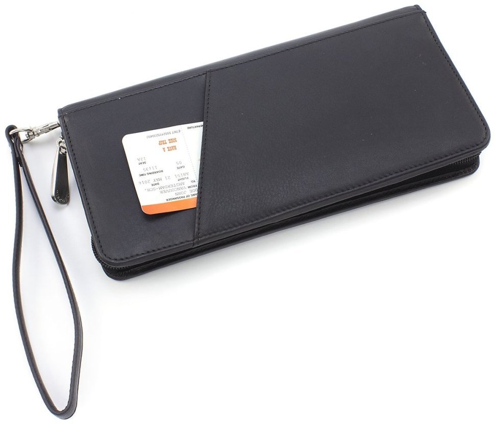 Дорожный кошелек из натуральной кожи черного цвета с запястным ремешком Visconti 68884