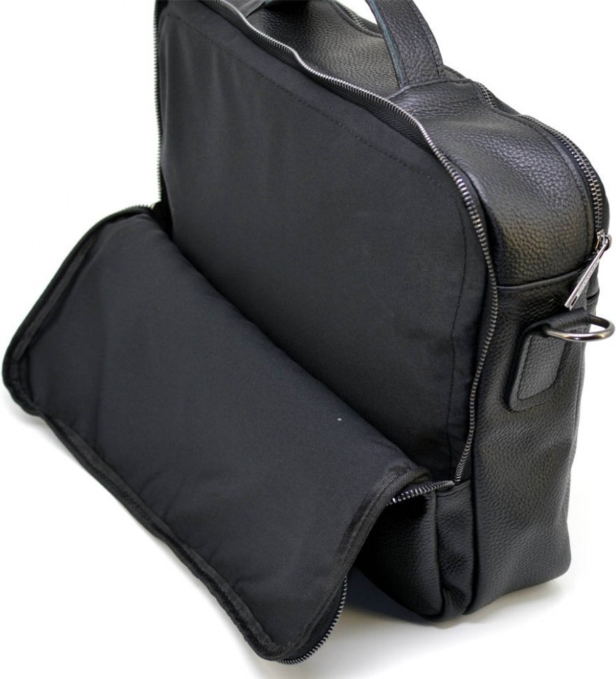 Шкіряна чоловіча чорна сумка для документів та ноутбука на два відділення TARWA (19931)