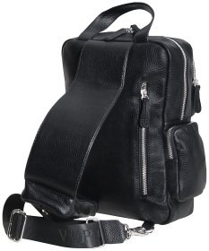 Большая мужская сумка слинг из кожи флотар черного цвета Vip Collection 102385