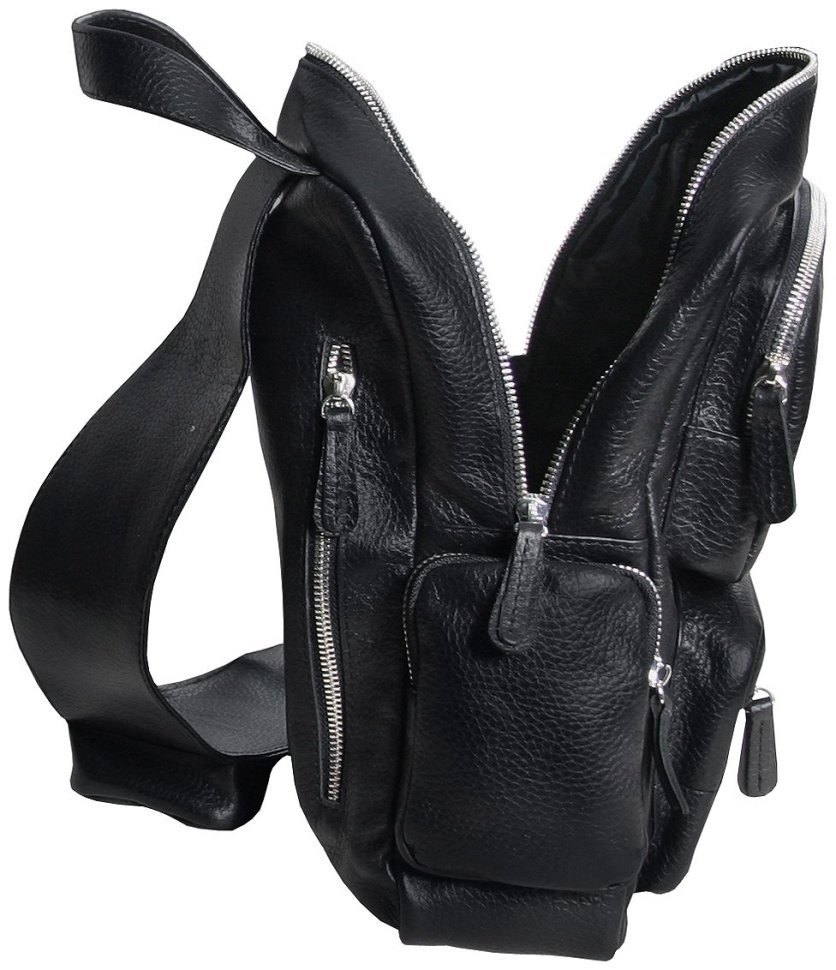 Большая мужская сумка слинг из кожи флотар черного цвета Vip Collection 102385 фото №6 Большая мужская сумка слинг из кожи флотар черного цвета Vip Collection 102385 modnotak фото №6