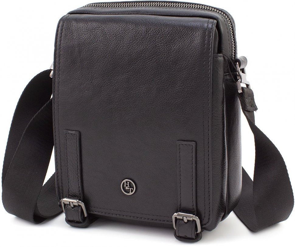 Кожаная небольшая мужская сумка черного цвета с ремешком через плечо H.T Leather (3642-5)