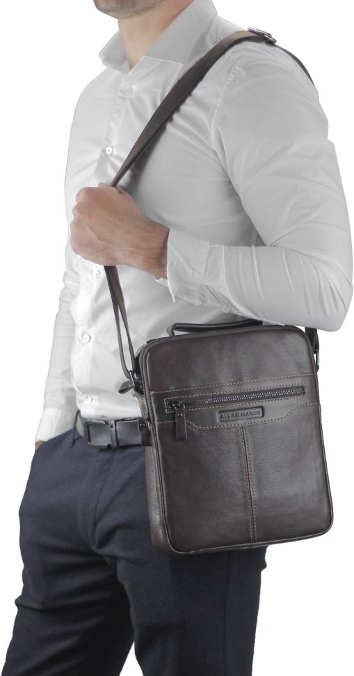 Коричневая мужская сумка-барсетка из натуральной кожи с ремнем на плечо Allan Marco (15827)