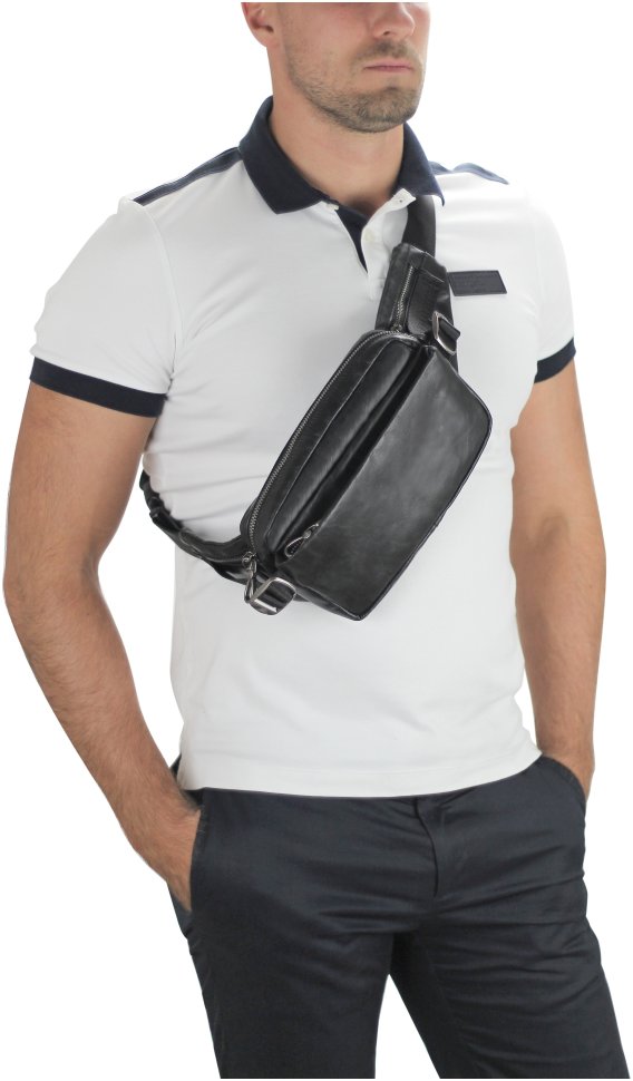 Черная кожаная мужская сумка-бананка на пояс Tiding Bag 77485 фото №6 Черная кожаная мужская сумка-бананка на пояс Tiding Bag 77485 modnotak фото №6