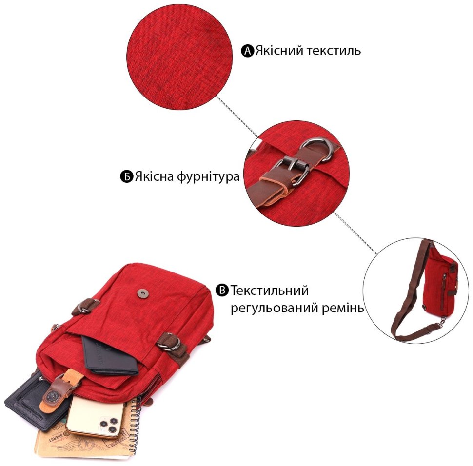 Бордовая мужская сумка через плечо из плотного текстиля на молнии Vintage 2422189 modnotak фото №10