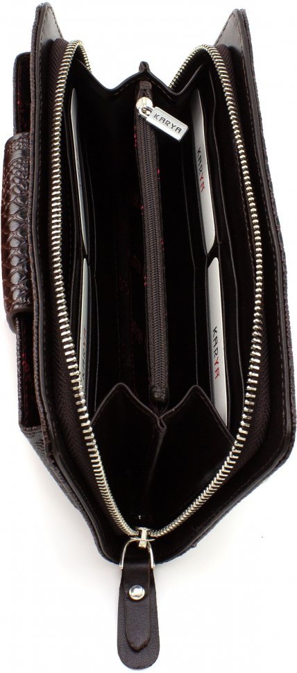Женский кошелек-клатч из коричневой лаковой кожи под змею KARYA (19603)