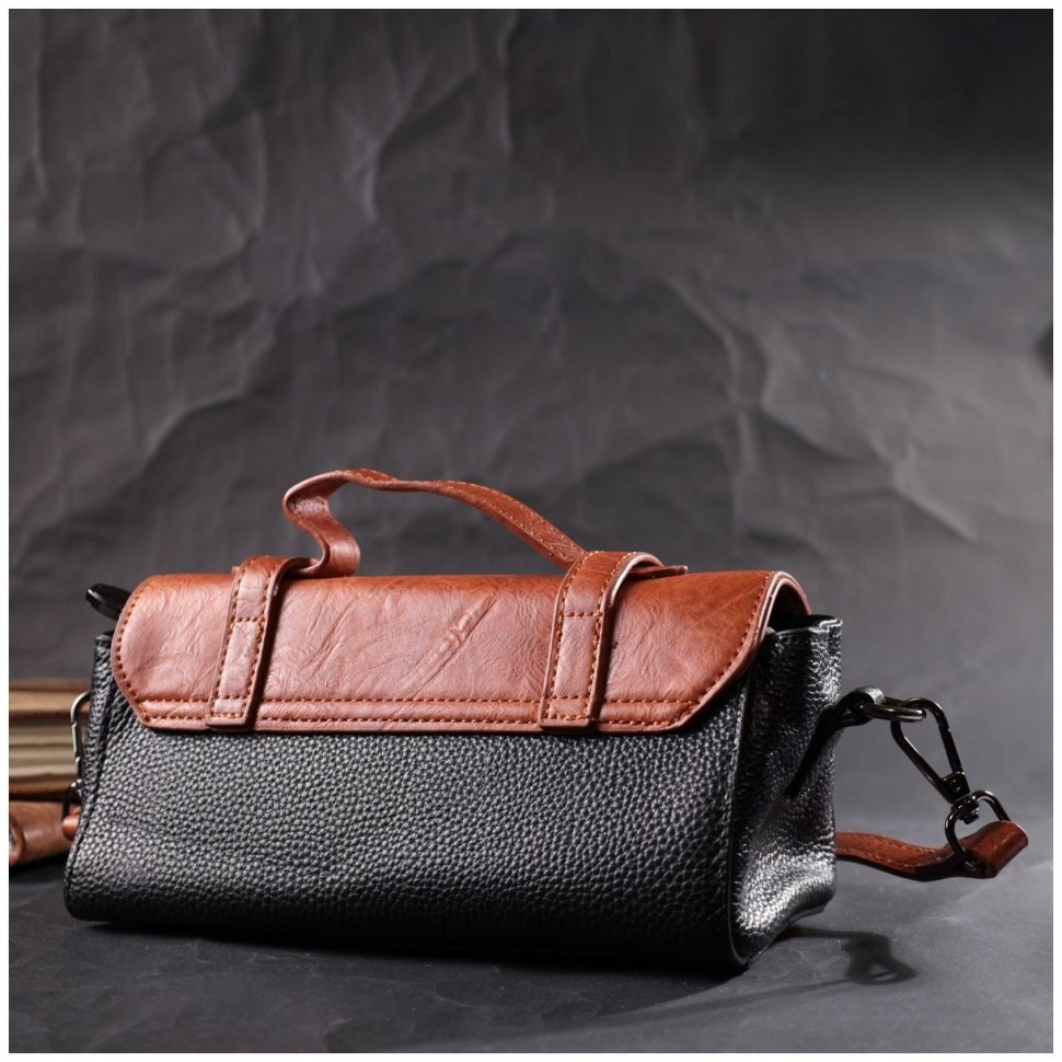 Горизонтальна жіноча сумка з натуральної шкіри чорно-коричневого кольору Vintage 2422349