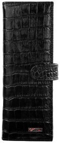 Вместительная вертикальная визитница из натуральной кожи под крокодила в черном цвете Desisan 80586