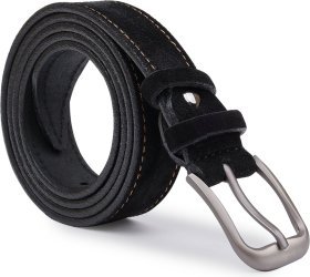 Черный ремень из натуральной замшевой кожи с коричневой строчкой Vintage (2420781)