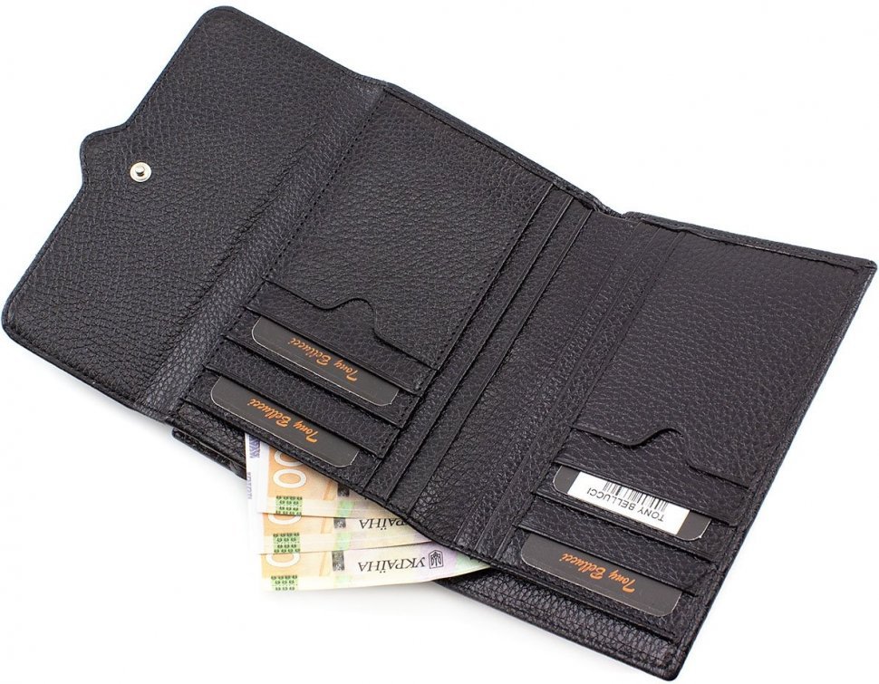 Чорний гаманець потрійного складання з фактурного шкіри Tony Bellucci (10595)