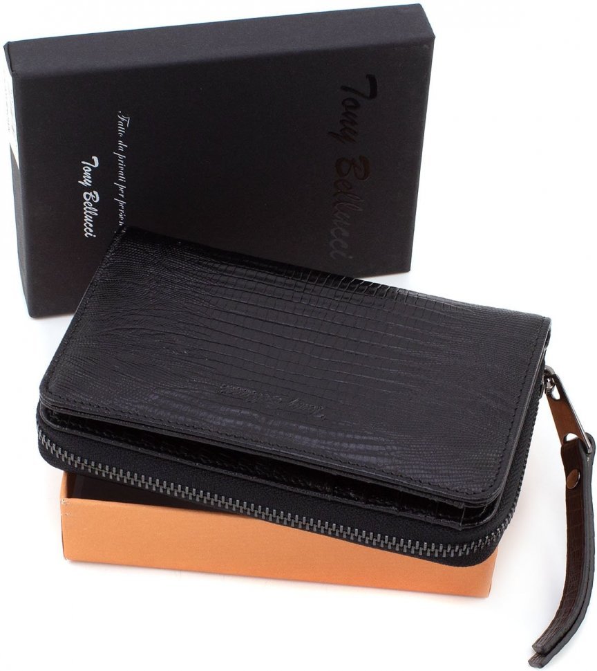 Жіночий гаманець чорного кольору з натуральної шкіри під рептилію Tony Bellucci (10800)