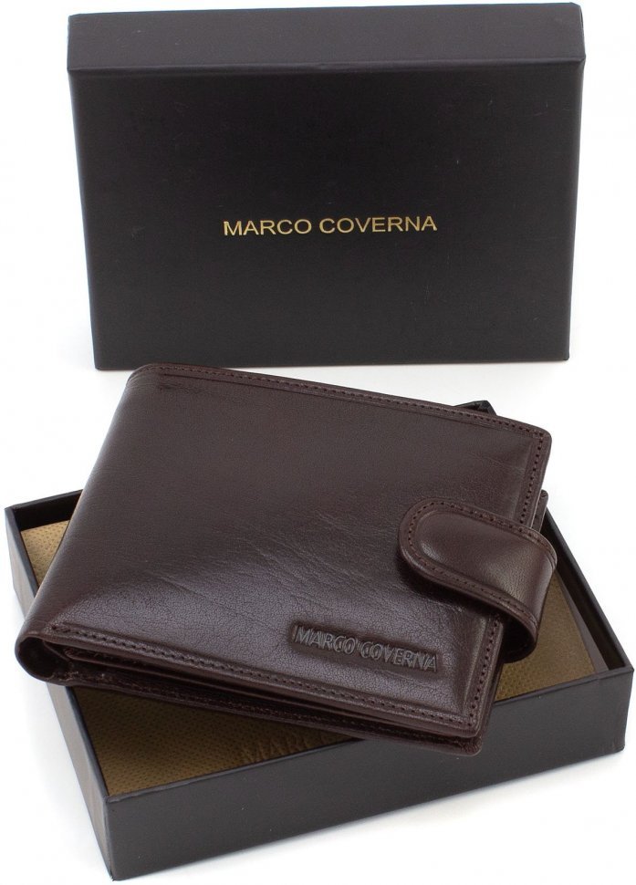 Коричневий чоловічий гаманець зі шкіри на кнопці Marco Coverna (18395)