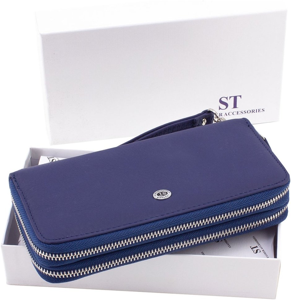 Жіночий гаманець із натуральної шкіри синього кольору на дві блискавки ST Leather 1767386