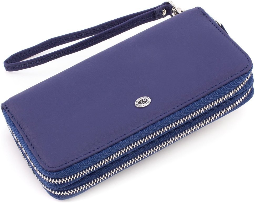 Жіночий гаманець із натуральної шкіри синього кольору на дві блискавки ST Leather 1767386