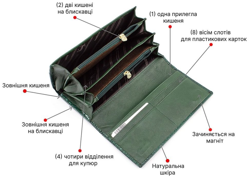 Зеленый лаковый кошелек с узором под крокодила Marco Coverna (16641) modnotak фото №4