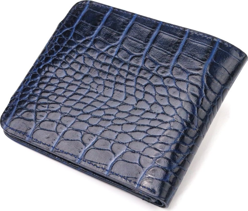 Синее мужское портмоне двойного сложения из натуральной кожи с тиснением под крокодила CANPELLINI (2421577)