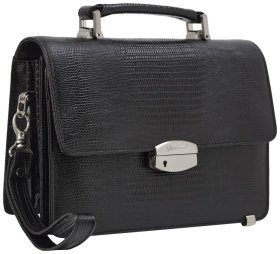 Черная мужская барсетка из натуральной кожи под рептилию с ручкой Desisan 80287