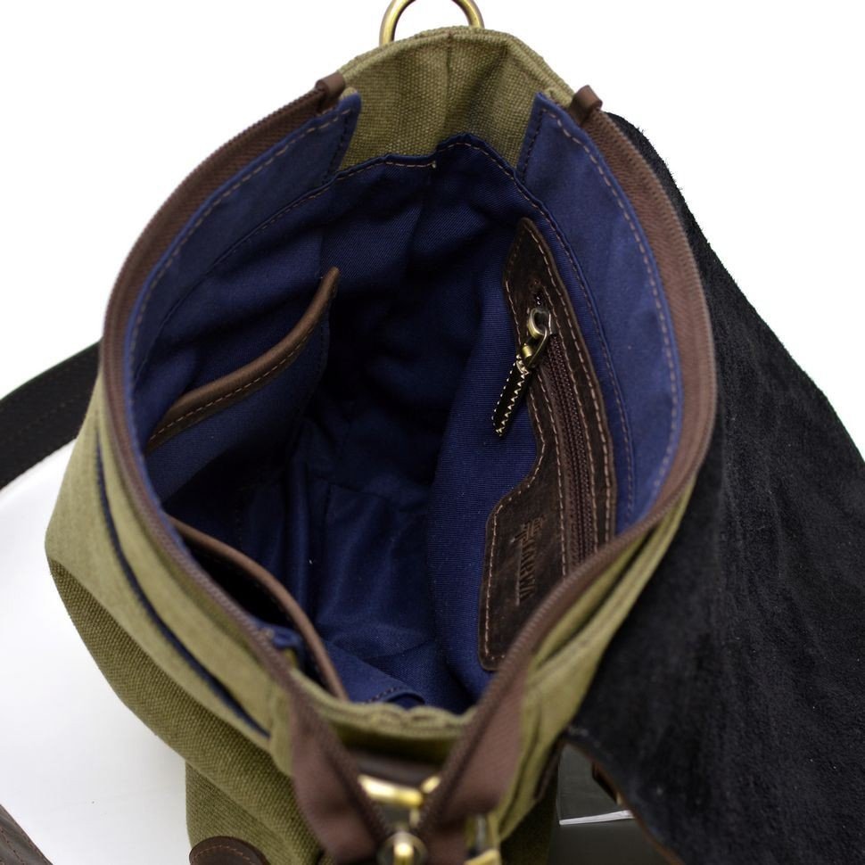 Мужская сумка-мессенджер из натуральной кожи и текстиля в цвете хаки TARWA (21710)