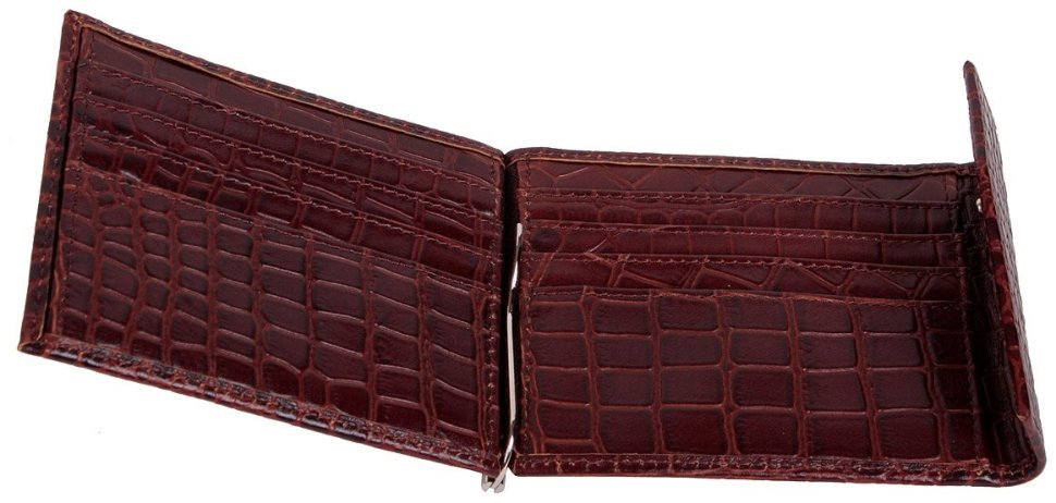 Кожаный зажим для денег под фактуру кроко Vip Collection 102387 коричневого цвета modnotak фото №2