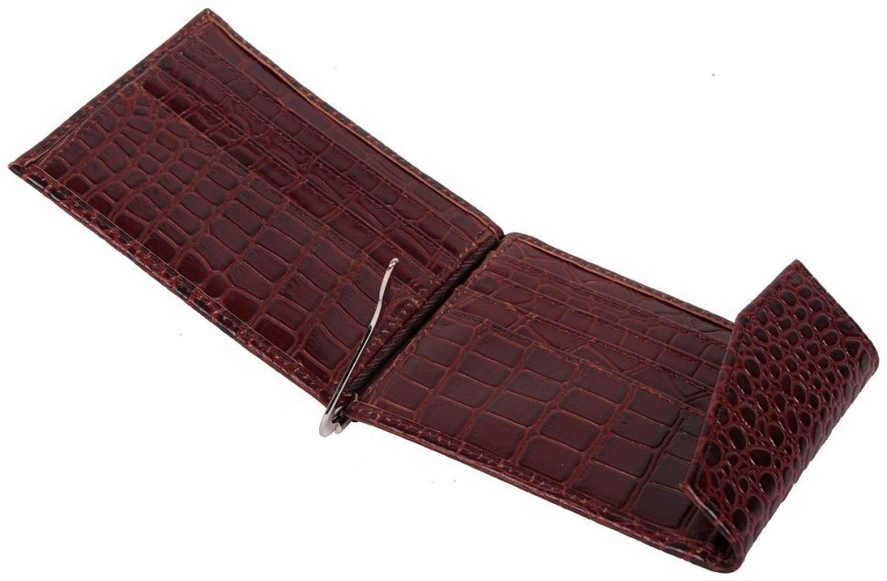 Кожаный зажим для денег под фактуру кроко Vip Collection 102387 коричневого цвета modnotak фото №3