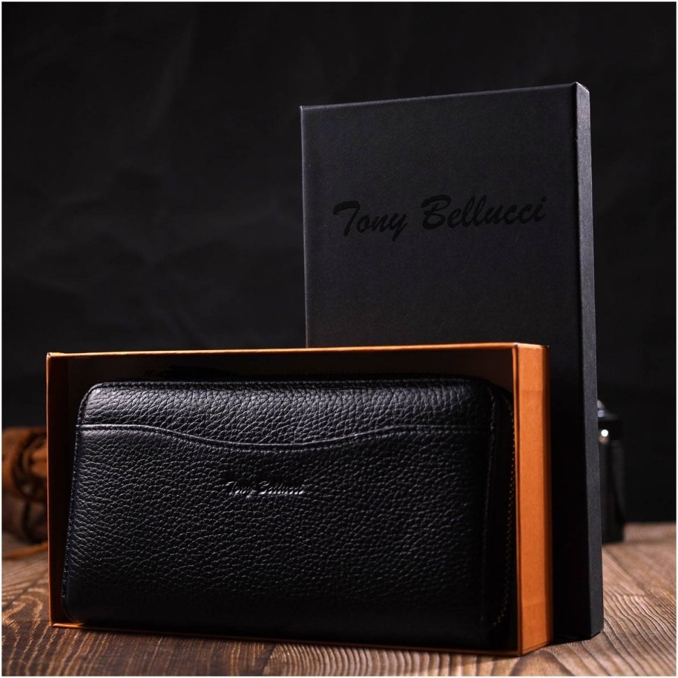Великий жіночий гаманець із натуральної шкіри чорного кольору на блискавці Tony Bellucci (2421970)