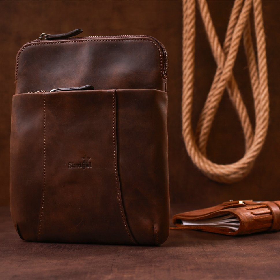 Матовая мужская сумка на плечо коричневого цвета из кожи крейзи хорс Shvigel (11180)