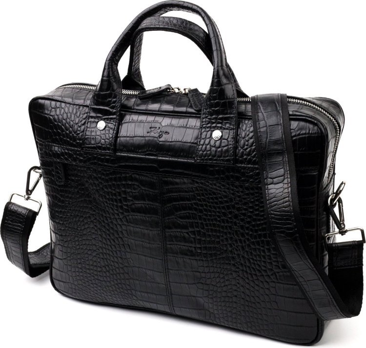 Черная деловая сумка-портфель из натуральной кожи с тиснением под ...