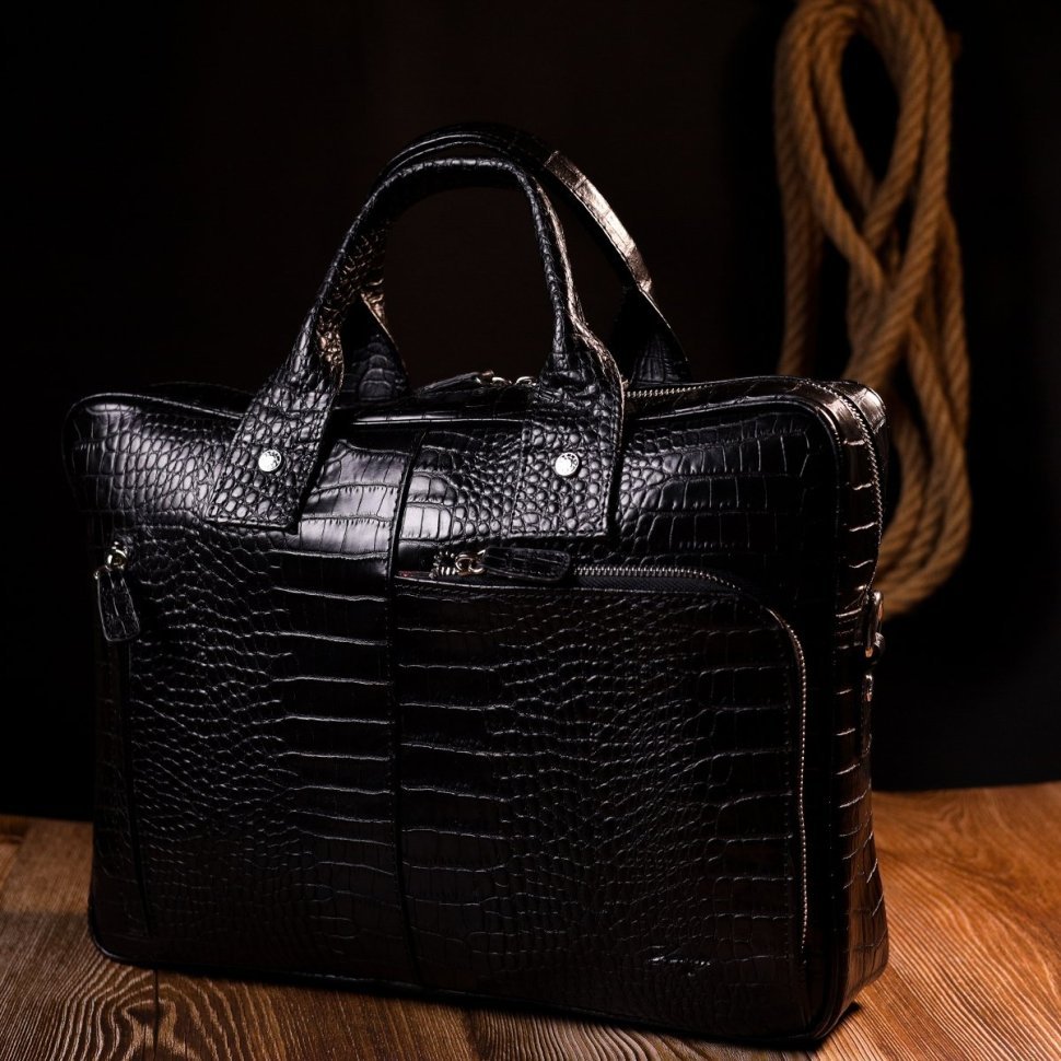 Чорна ділова сумка-портфель із натуральної шкіри з тисненням під крокодила KARYA (2420873)
