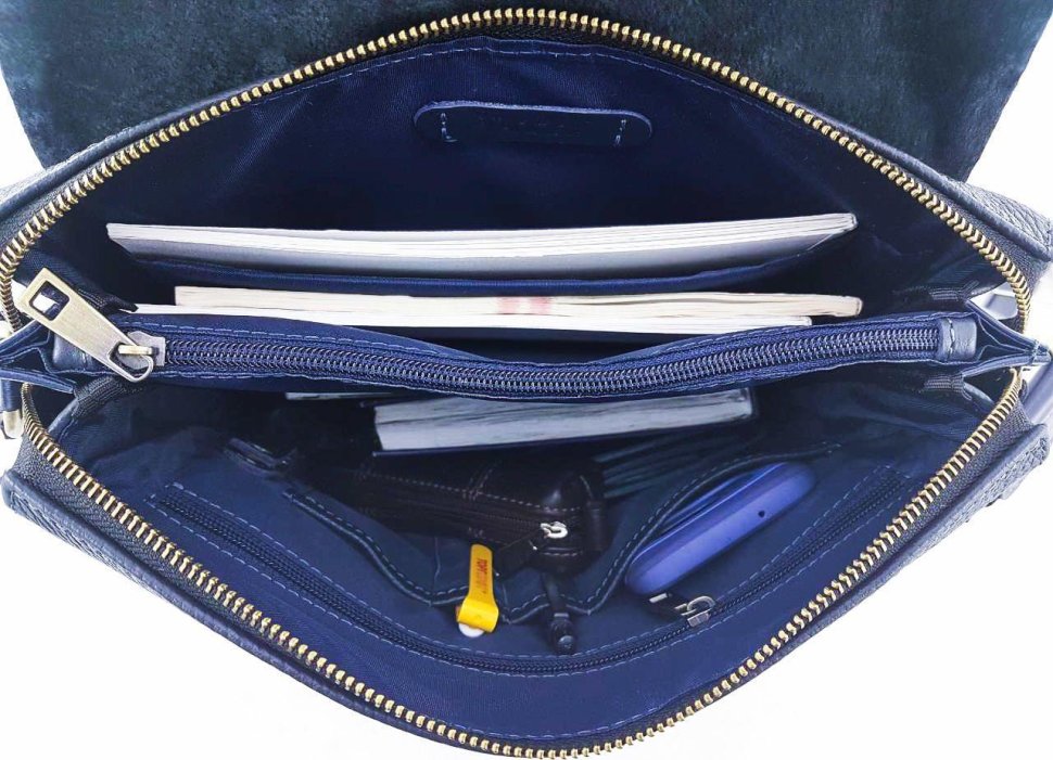 Сумка планшет шкіряна синього кольору з плечовим ременем і ручкою VATTO (11829)