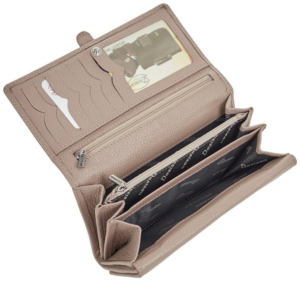 Большой женский кошелек из кожи флотар на 2 отделения Desisan 106787 бежевого цвета modnotak фото №4
