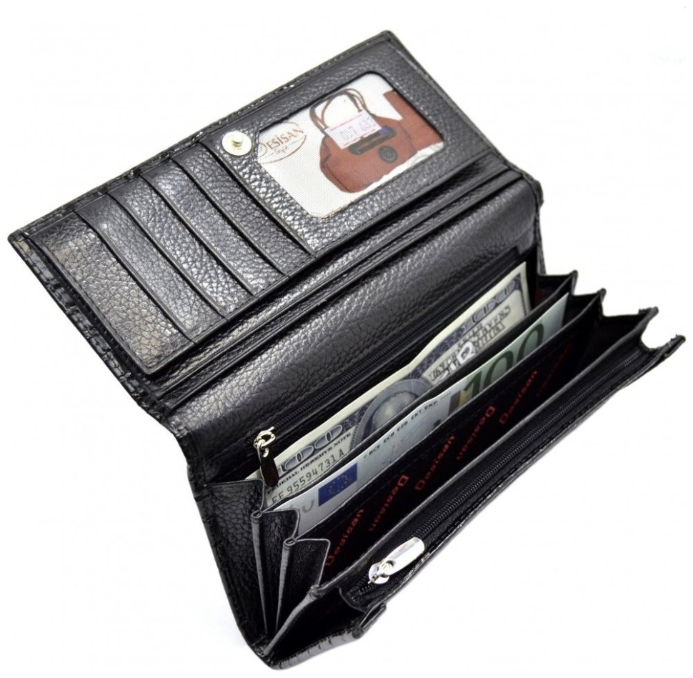 Вместительный женский кошелек из натуральной кожи под фактуру крокодила Desisan 106887 черного цвета на кнопке modnotak фото №3