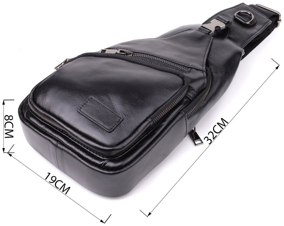 Повседневная мужская слинг-сумка из качественной кожи черного цвета Vintage 98187 фото №3 Повседневная мужская слинг-сумка из качественной кожи черного цвета Vintage 98187 modnotak фото №3