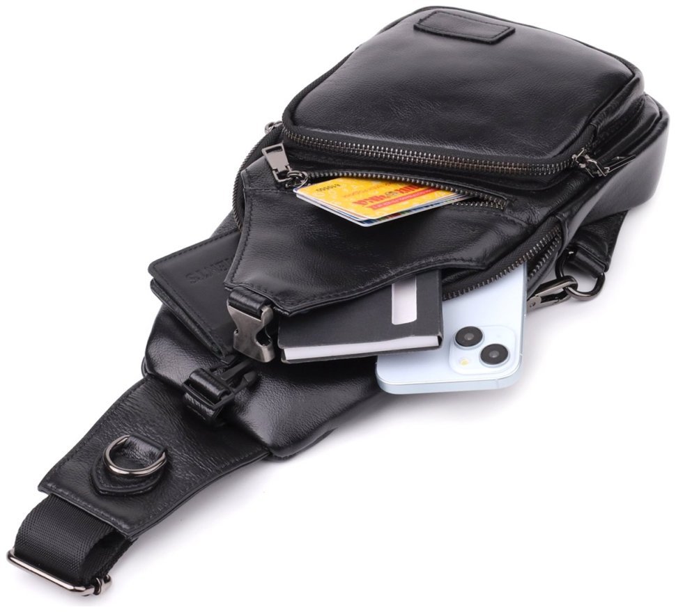 Повседневная мужская слинг-сумка из качественной кожи черного цвета Vintage 98187 фото №8 Повседневная мужская слинг-сумка из качественной кожи черного цвета Vintage 98187 modnotak фото №8
