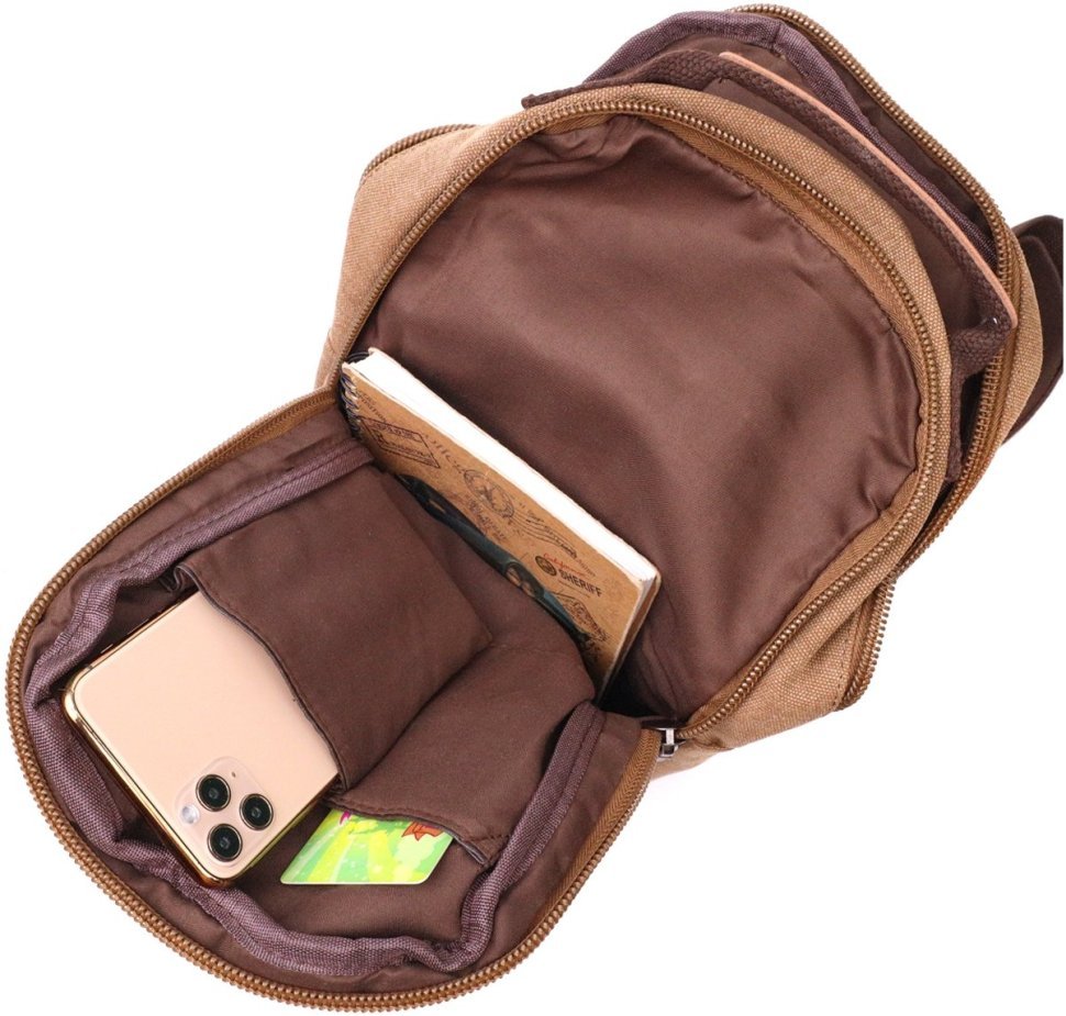 Вертикальная мужская сумка-слинг из коричневого текстиля Vintage 2422191