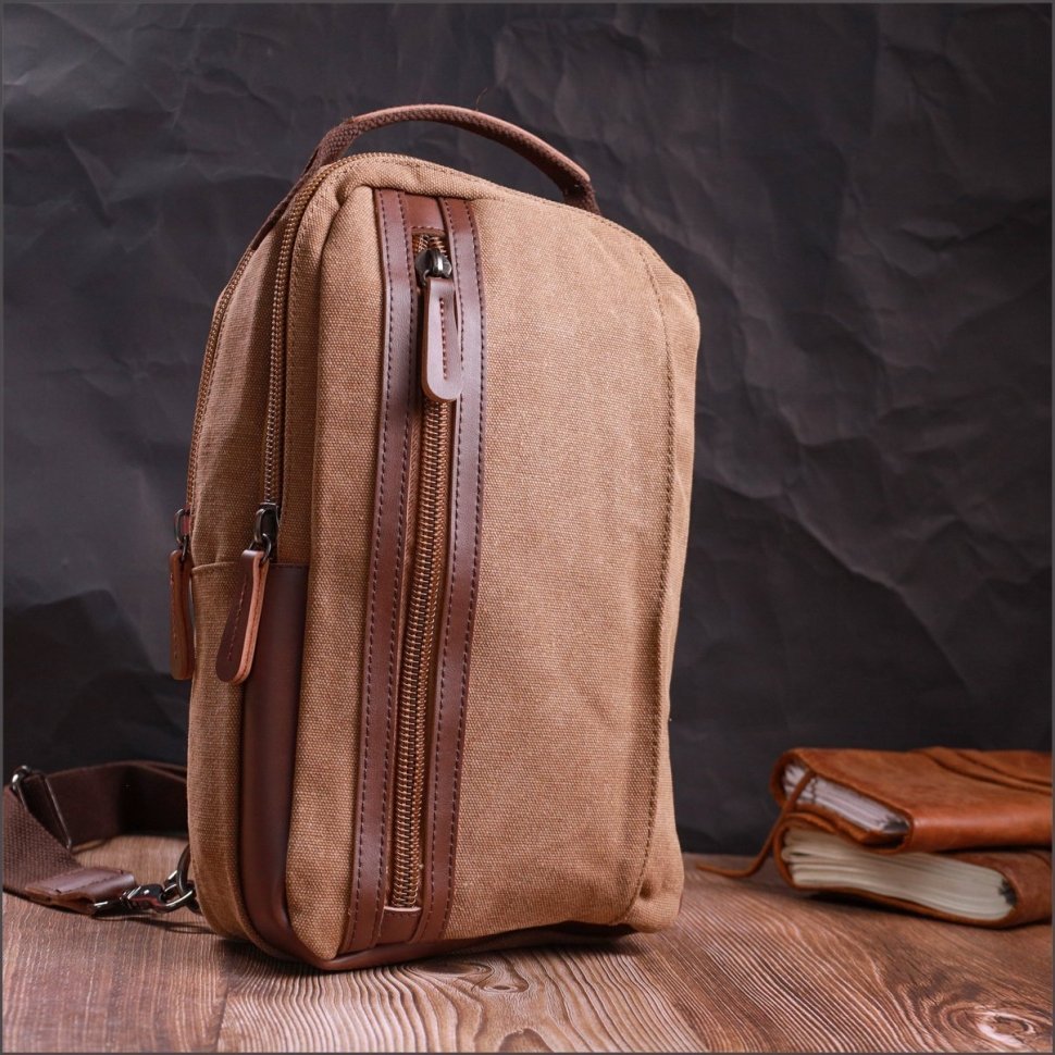 Вертикальна чоловіча сумка-слінг із коричневого текстилю Vintage 2422191