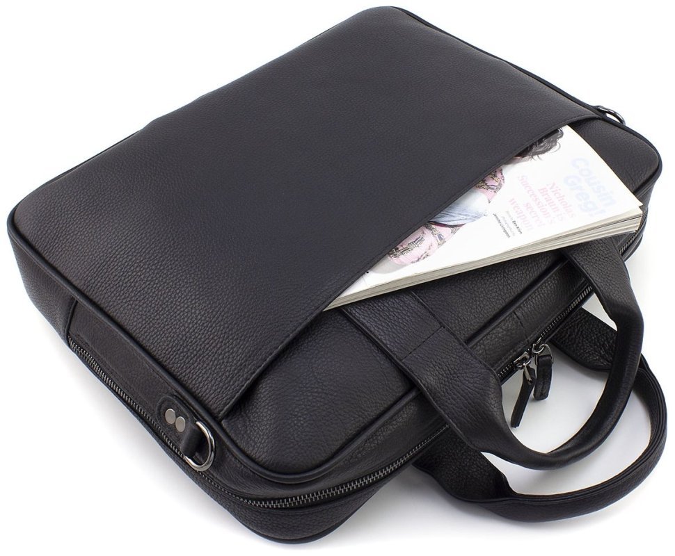 Вместительная мужская сумка под ноутбук и документы из натуральной черной кожи KARYA 69787