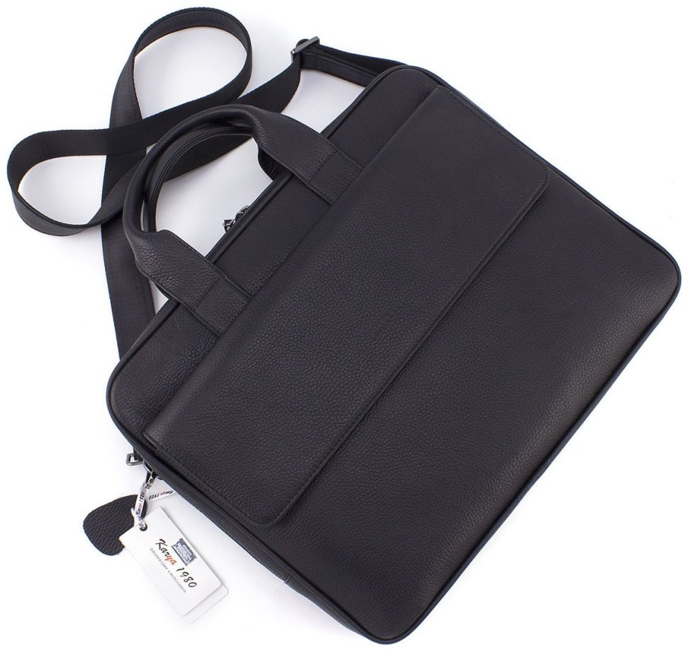 Вместительная мужская сумка под ноутбук и документы из натуральной черной кожи KARYA 69787