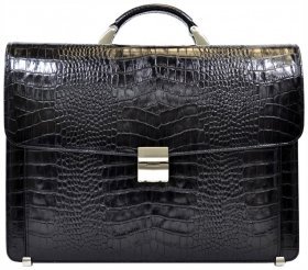 Чорний чоловічий портфель із натуральної шкіри під крокодила з клапаном Desisan 81088