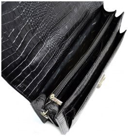Черный мужской портфель из натуральной кожи под крокодила с клапаном Desisan 81088