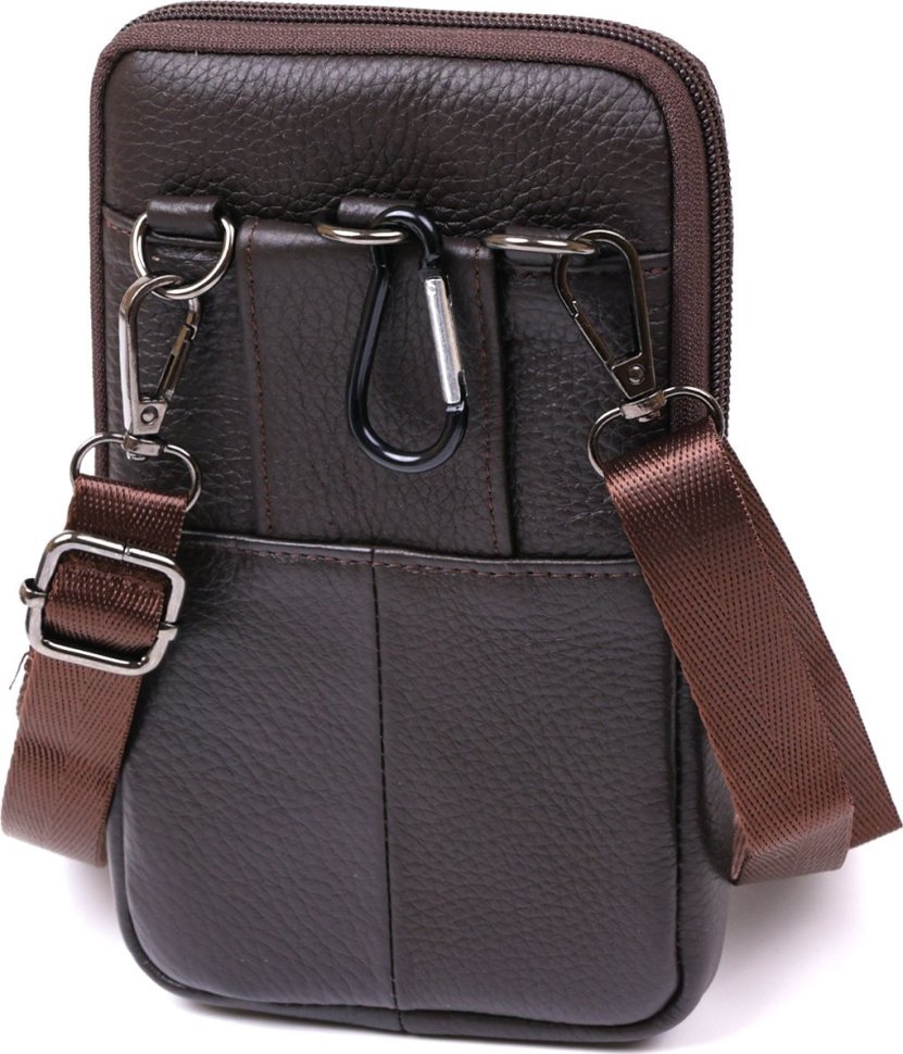 Темно-коричневая мужская кожаная сумка на пояс на одну молнию Vintage (20483)
