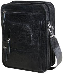 Містка чоловіча сумка на 3 відділення з фактурної шкіри та плечовим ременем Vip Collection 102488 чорного кольору