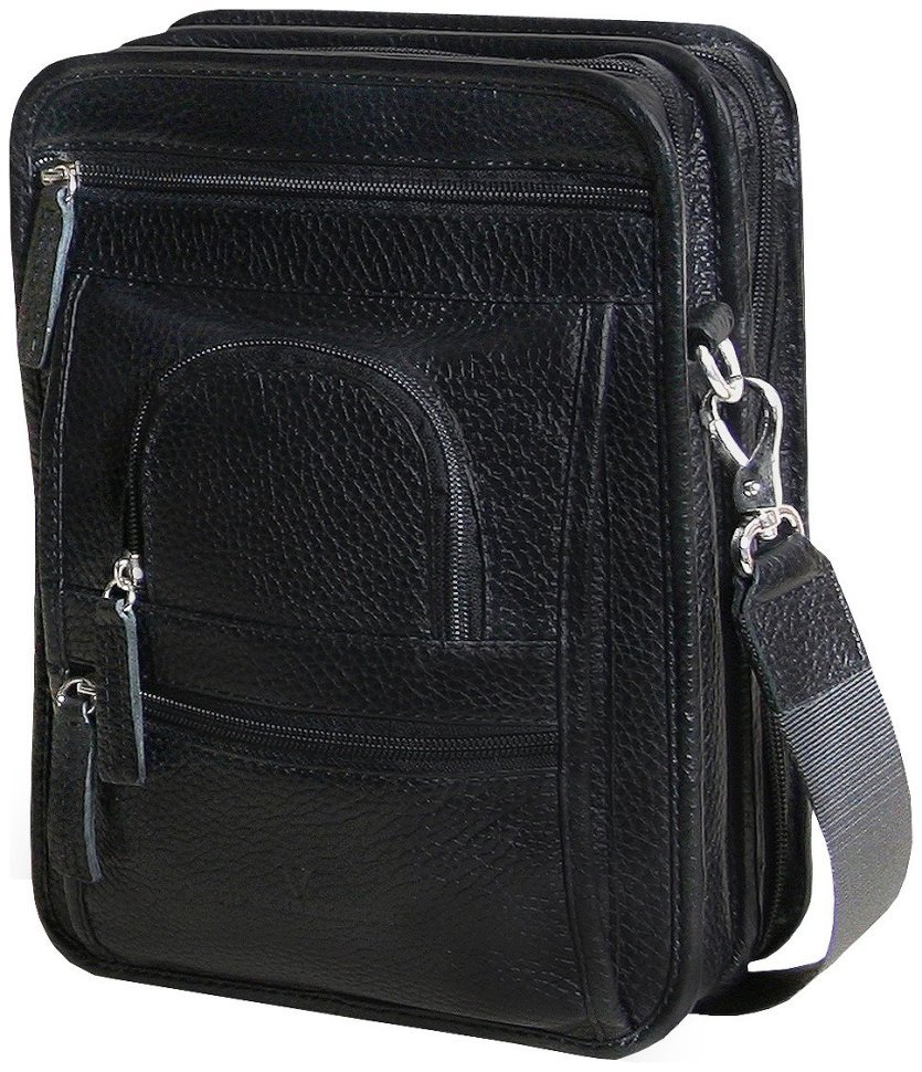 Містка чоловіча сумка на 3 відділення з фактурної шкіри та плечовим ременем Vip Collection 102488 чорного кольору фото №1 Містка чоловіча сумка на 3 відділення з фактурної шкіри та плечовим ременем Vip Collection 102488 чорного кольору modnotak фото №1