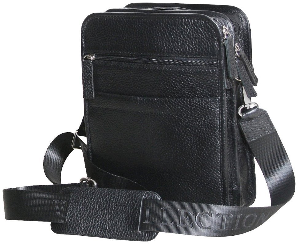 Містка чоловіча сумка на 3 відділення з фактурної шкіри та плечовим ременем Vip Collection 102488 чорного кольору фото №4 Містка чоловіча сумка на 3 відділення з фактурної шкіри та плечовим ременем Vip Collection 102488 чорного кольору modnotak фото №4