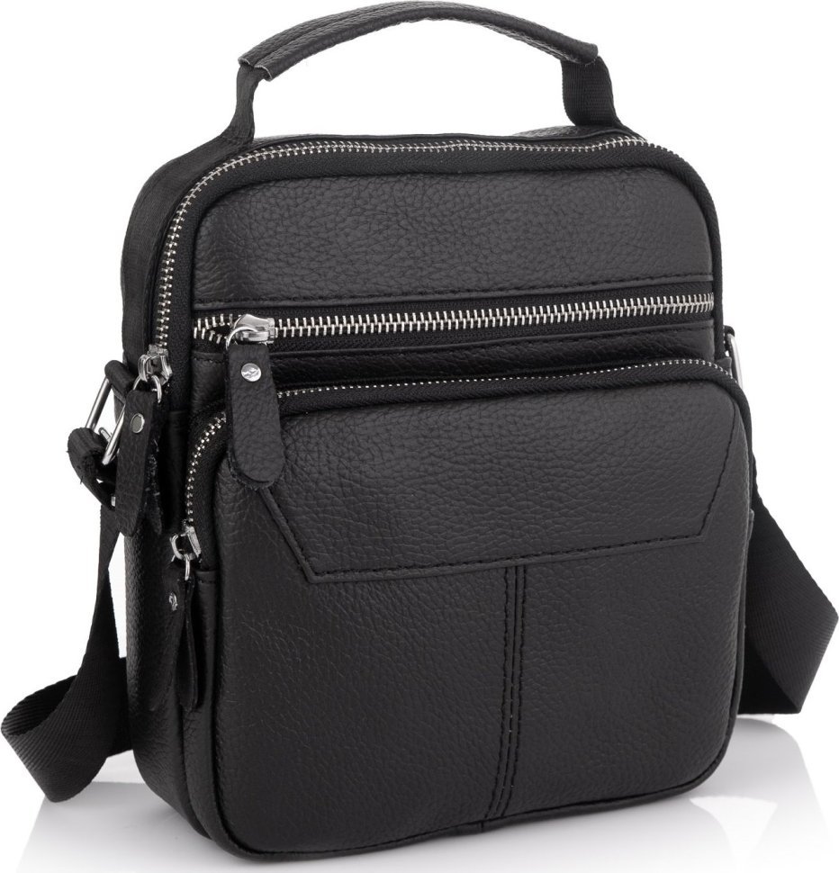 Чоловіча сумка-барсетка через плече із натуральної чорної шкіри Tiding Bag (21853)