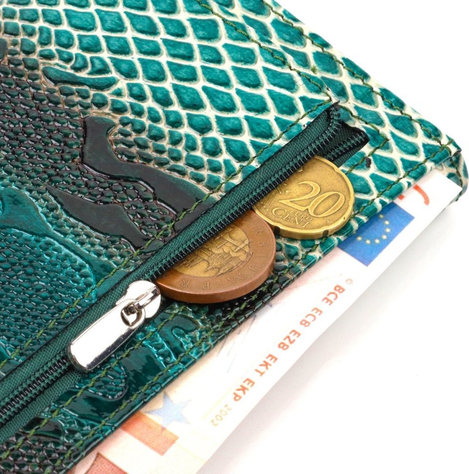Лакований жіночий гаманець із натуральної шкіри зеленого кольору з тисненням під рептилію CANPELLINI (2421824)