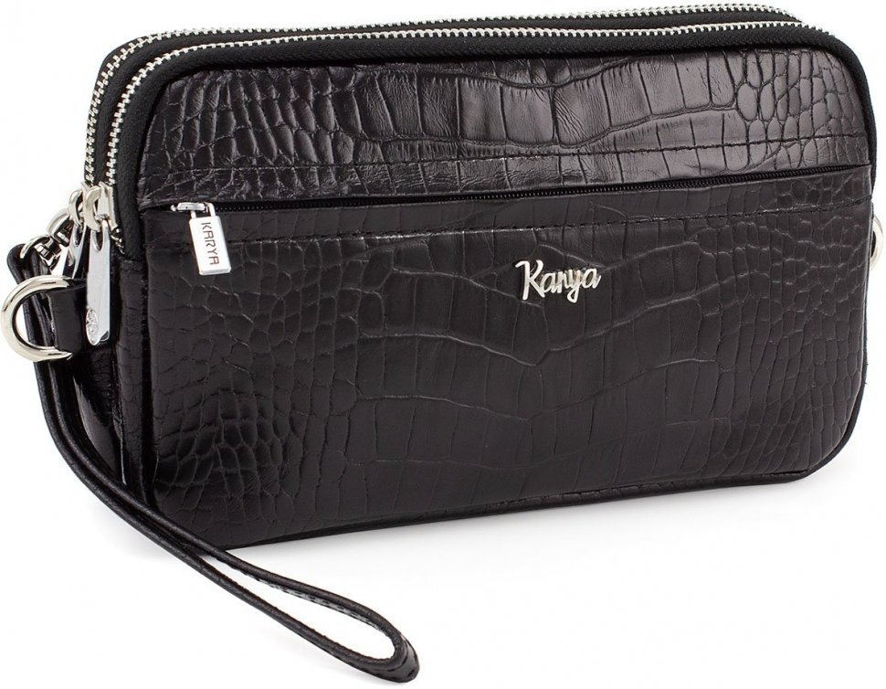 Чорна наплічна сумка з натуральної шкіри з тисненням на блискавки KARYA (0212-53)