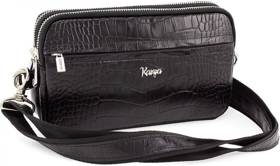 Чорна наплічна сумка з натуральної шкіри з тисненням на блискавки KARYA (0212-53)