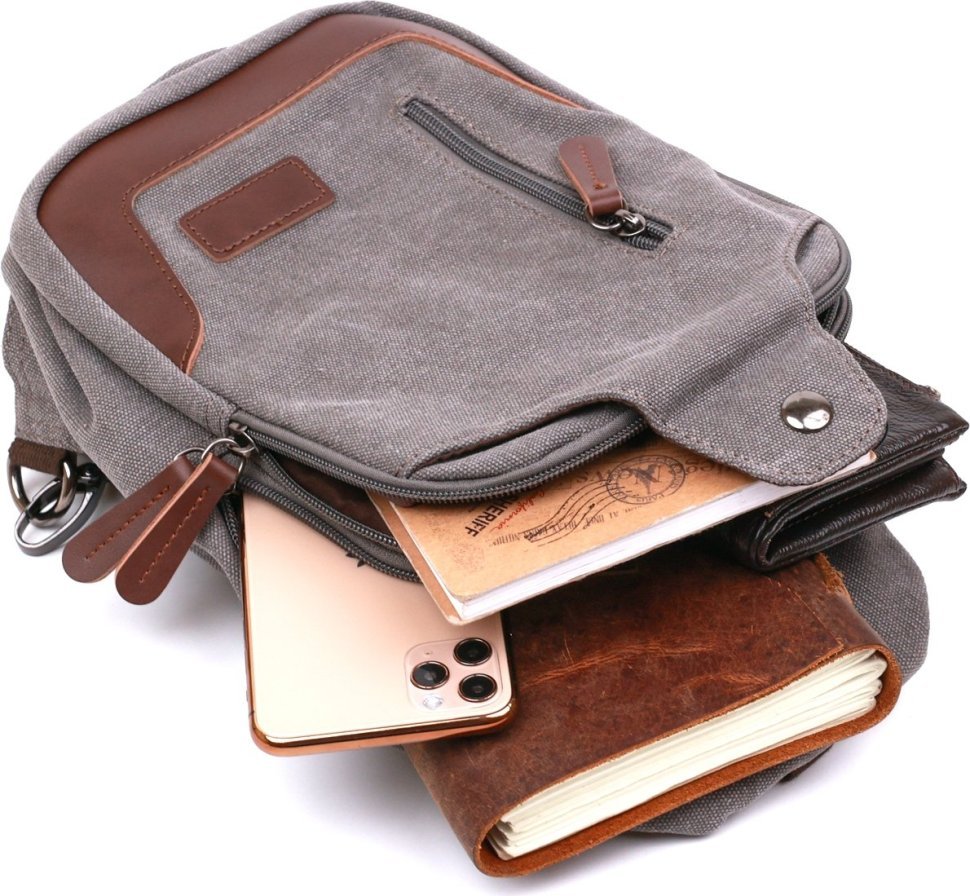 Зручна чоловіча сумка-рюкзак через плече із щільного текстилю у сірому кольорі Vintage (20388)