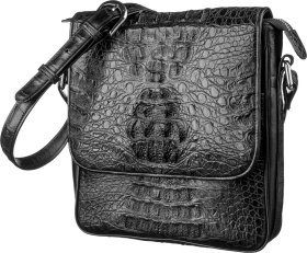 Чоловіча сумка через плече з натуральної шкіри крокодила чорного кольору CROCODILE LEATHER (024-18021)