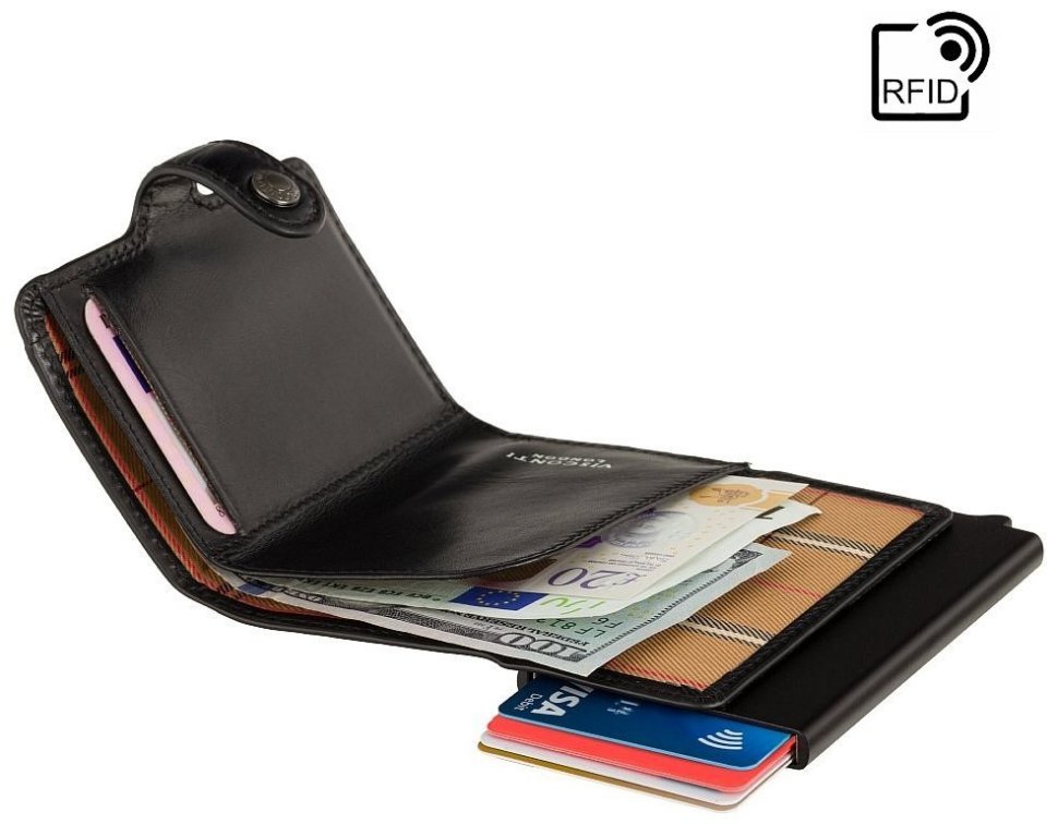 Кожаный картхолдер черного цвета с металлическим футляром для карт Visconti Speziale 77388