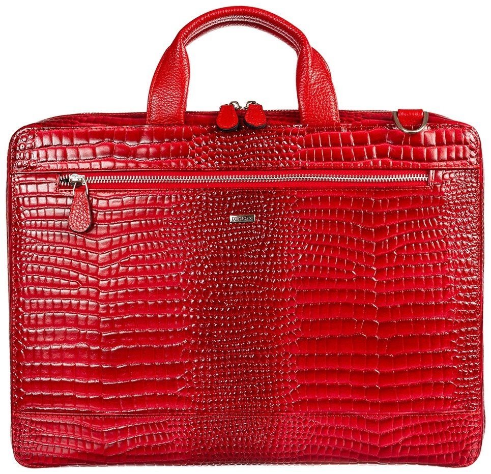 Лаковая женская сумка из кожи под фактуру кроко для ноутбука и документов Desisan 107588 красного цвета modnotak фото №1